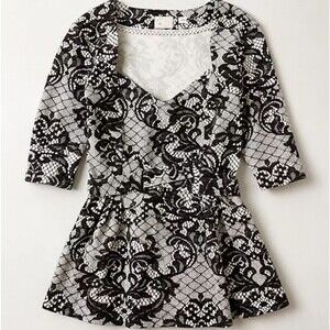Anthropologie Postage Stamp Black White Lace Print Peplum Top – Women’s Small
